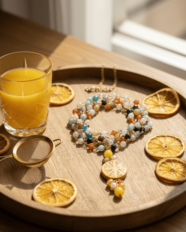 Collar Orangina de Haydée en una bandeja con rodajas de naranja y un zumo, con colgante de cerámica siciliana