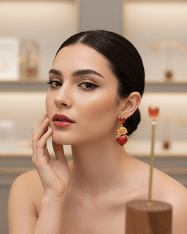 Haydee pendientes coure rojo ceramica corazon rojo modelo primer plano