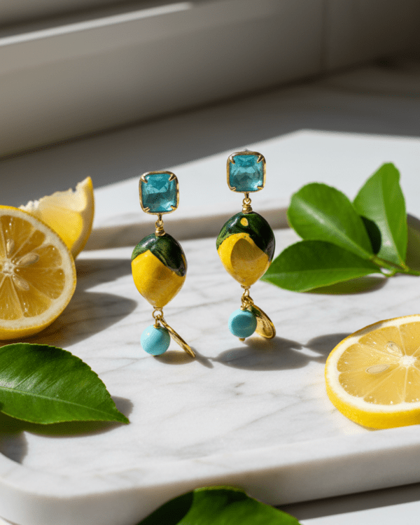 Pendientes Ricco Limón Azul de Haydée sobre mármol con limones, de cerámica siciliana con cristal azul