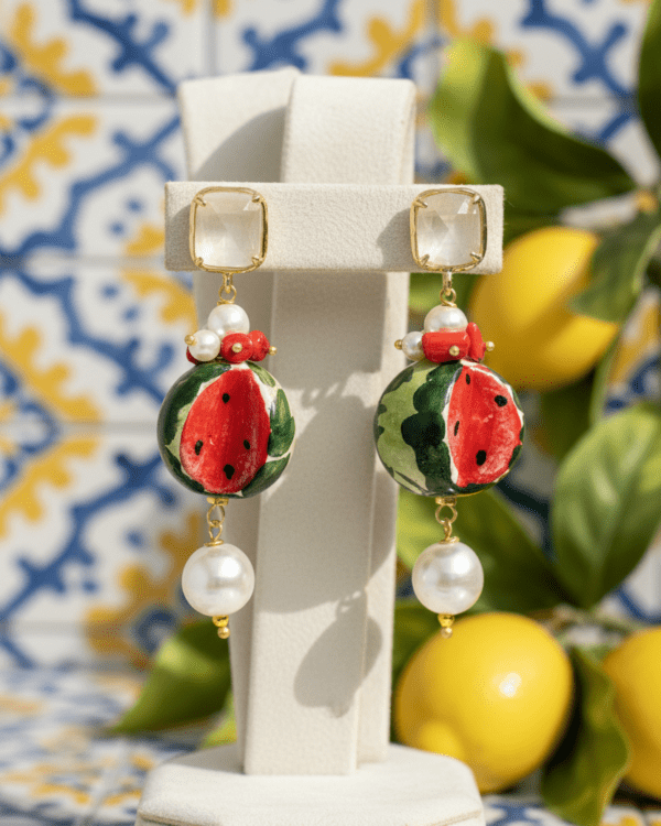 Pendientes sandia ceramica perla artesanales