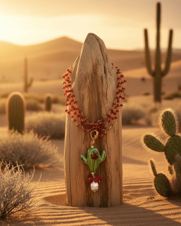 Collar Cactus de Haydée colgado en un paisaje desértico al atardecer, con colgante de cactus de cerámica