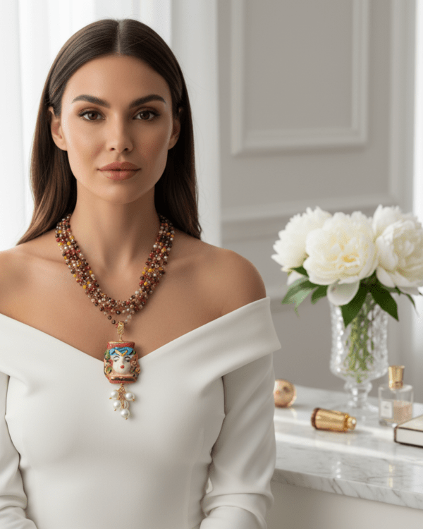 Mujer con vestido blanco y el collar Filippa Federica Roja con Cascada Blanca de Haydée, con testa di moro
