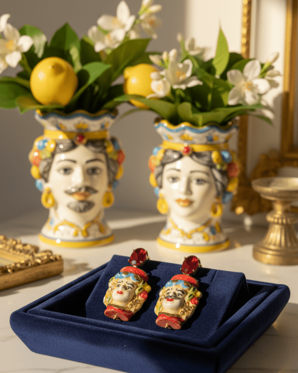 Pendientes Testa di Moro de joyería siciliana Haydée con figuras masculina y femenina en cerámica artesanal y piedra roja sobre bandeja azul