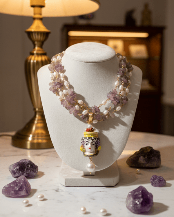 Collar Filippa Federica Toscana de Haydée en un busto blanco junto a una lámpara, con testa di moro de cerámica