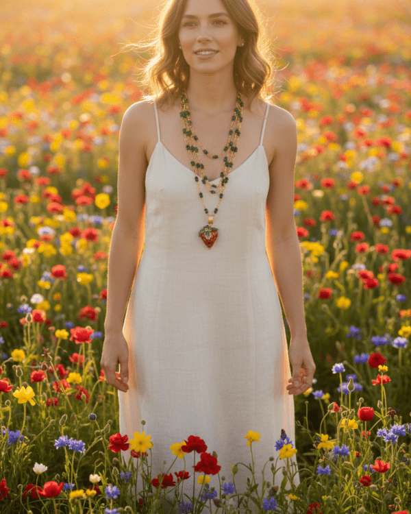 Mujer en un campo de flores con el collar Fragolita de Haydée, con colgante de fresa de cerámica siciliana