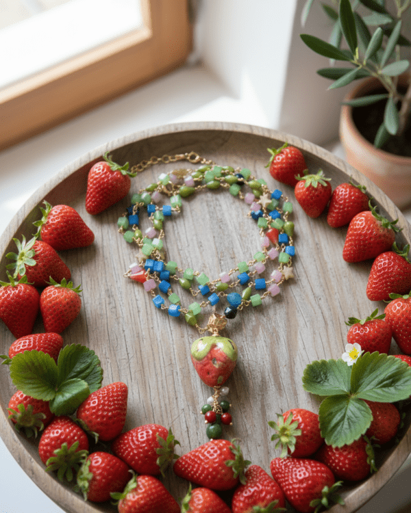 Collar Fresa con Pistacho de Haydée sobre una bandeja de fresas, con cuentas azules y fresa de cerámica siciliana