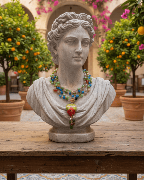 Collar Fresa con Pistacho de Haydée sobre un busto clásico en un patio con naranjos