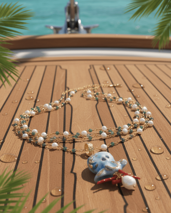Collar Haydée con colgante de pulpo sobre cubierta de barco junto al mar