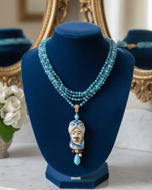 Collar Rey Alessandro Azul de Haydée en un busto azul, con cuentas turquesa y testa di moro de cerámica