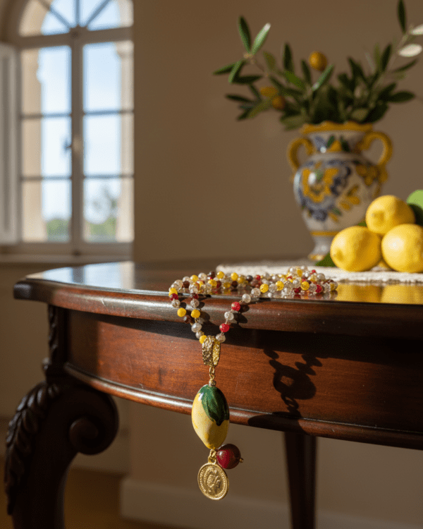 Collar Ricco Limón Rojo de Haydée sobre una mesa de madera, con colgante de limón de cerámica siciliana