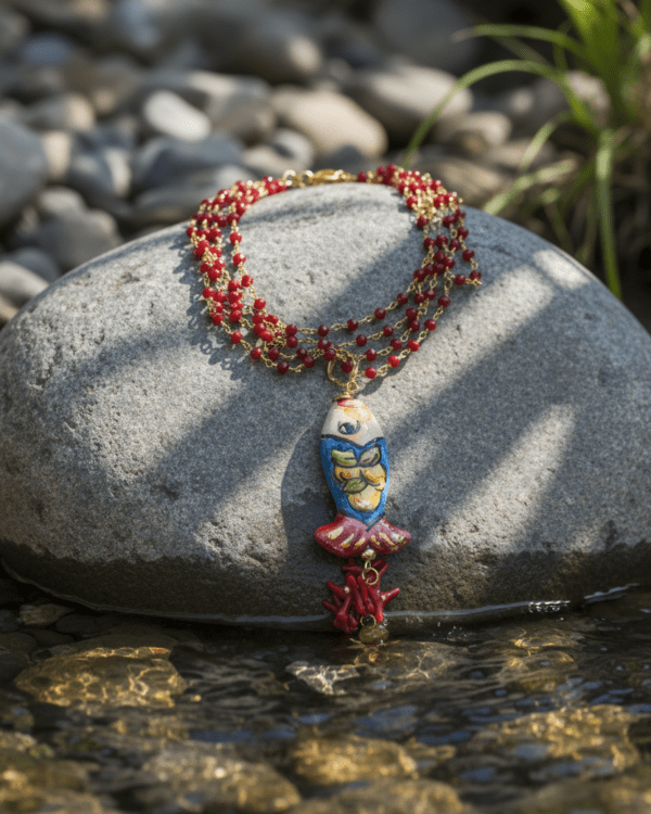 Collar Sam de Haydée sobre una piedra junto al agua, con colgante de cerámica siciliana y cuentas rojas