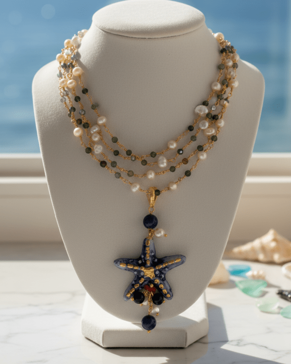 Collar Stella di Mare Blue Piedra y Perla de Haydée en un busto frente al mar, con estrella de mar de cerámica