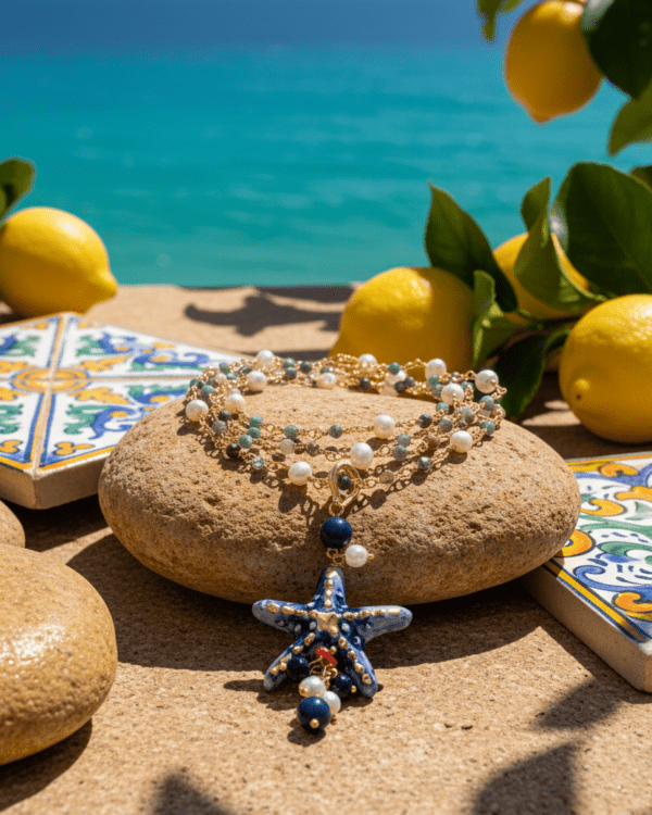 Collar Stella di Mare Blue Piedra y Perla de Haydée sobre una roca junto al mar, con estrella azul de cerámica