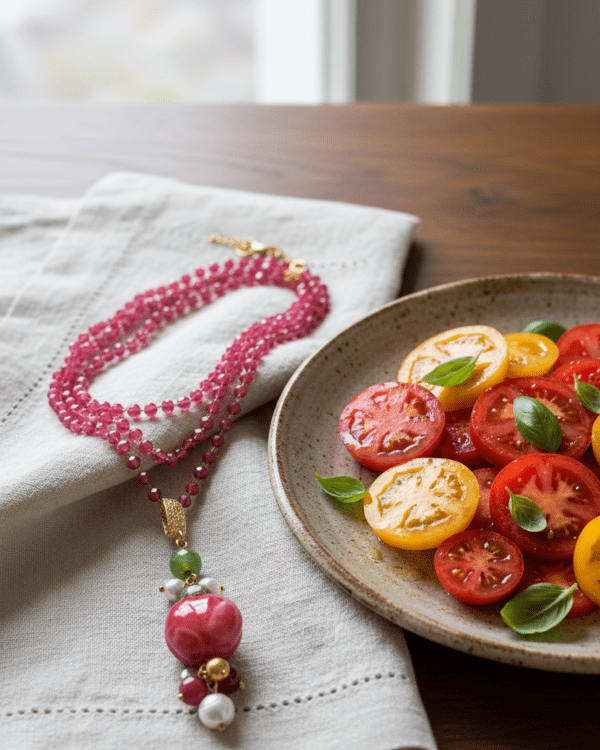 Collar Tomatito de Haydée junto a un plato de tomates, con cuentas rosas y colgante de tomate de cerámica siciliana