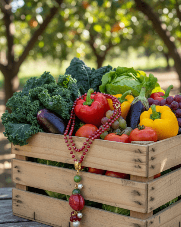 Collar Tomatito de Haydée colgado de una caja de verduras en un huerto, con colgante de tomate de cerámica
