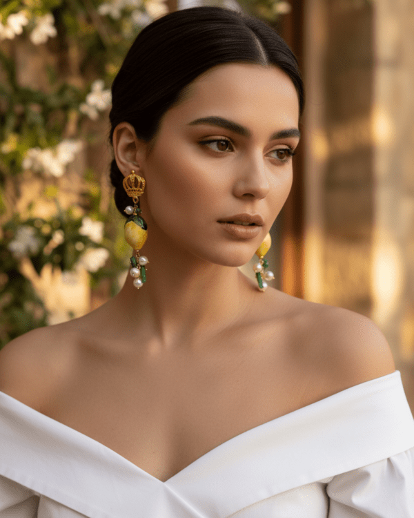 Haydee pendientes ceramica limon corona perlas elegantes