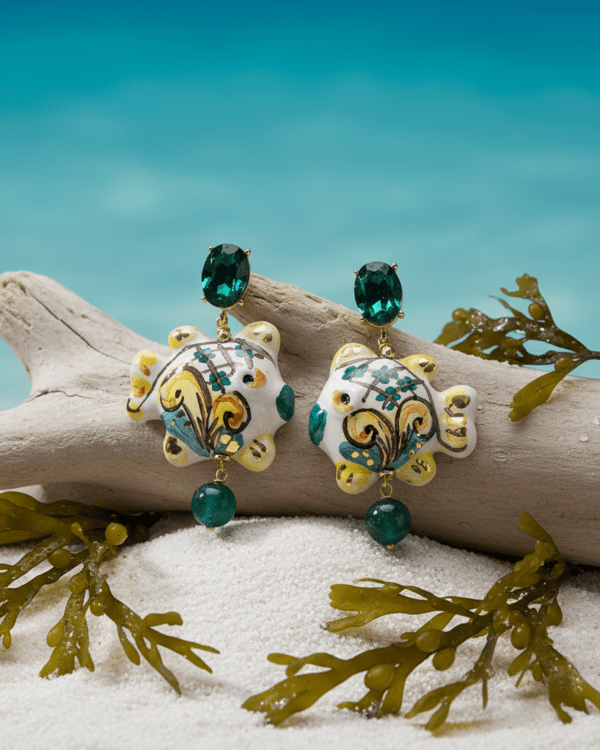 Pendientes pez goby ceramica multicolor cristal verde madera haydee