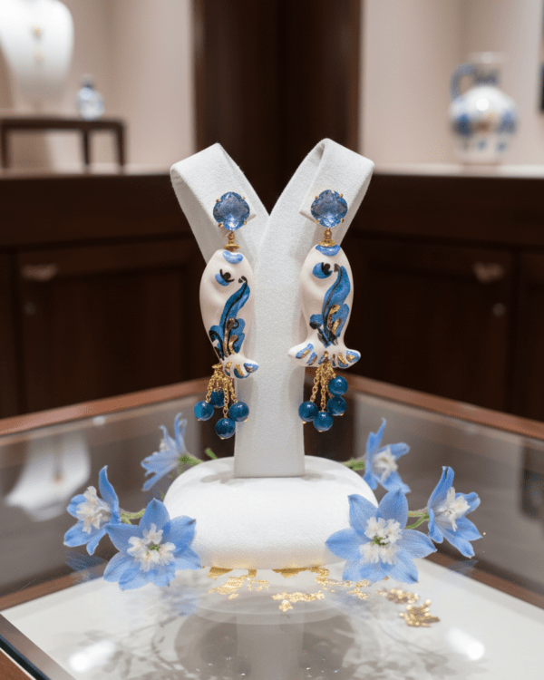 Pendientes pez wesley ceramica azul cristal piedras busto haydee