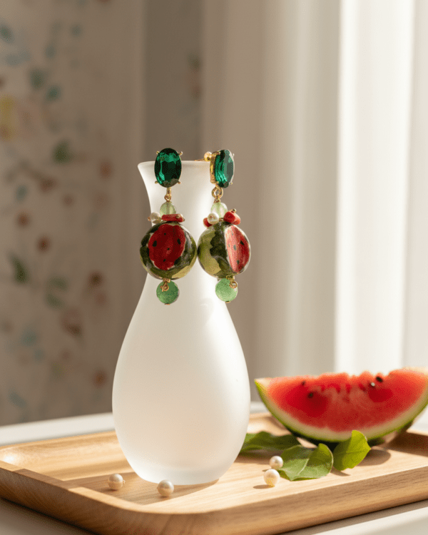 Pendientes Sandía de Haydée en un expositor junto a una sandía, de cerámica siciliana con cristal verde