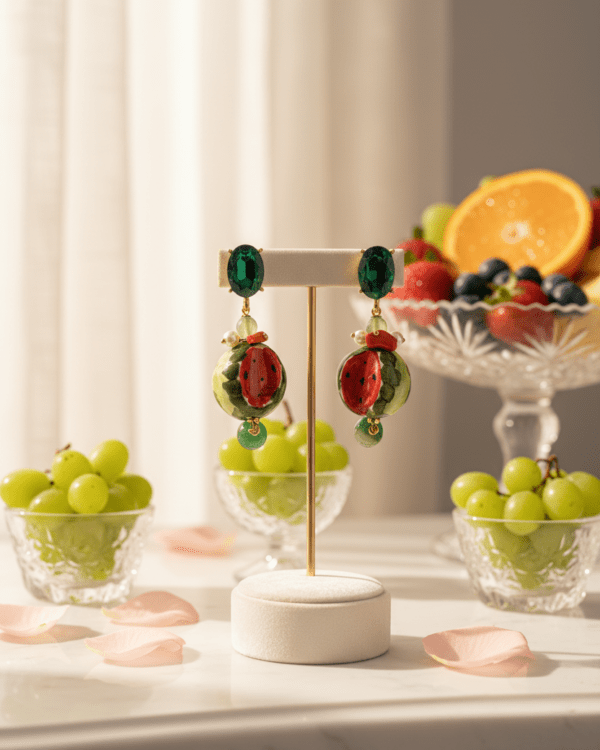 Pendientes Sandía de Haydée en un soporte entre frutas, con sandía de cerámica siciliana y cristal verde