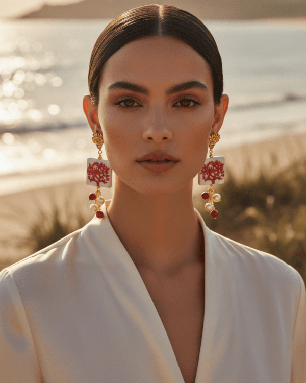 Pendientes tesela coral ceramica coral rojo perlas modelo mar haydee