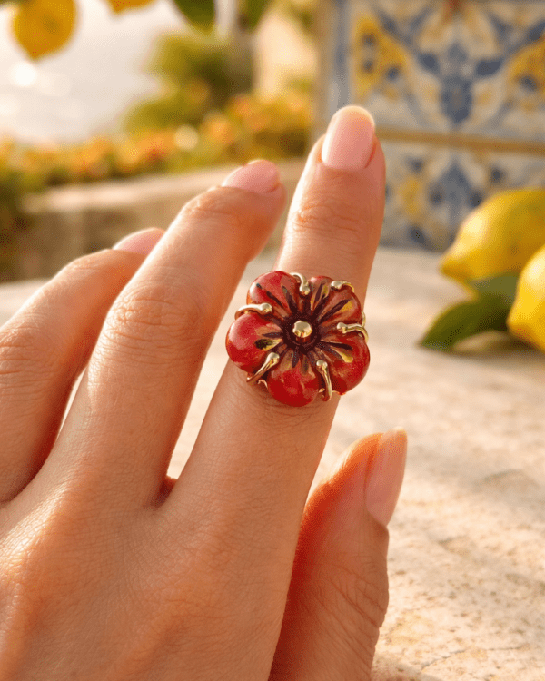 Anillo floral rojo esmaltado haydee