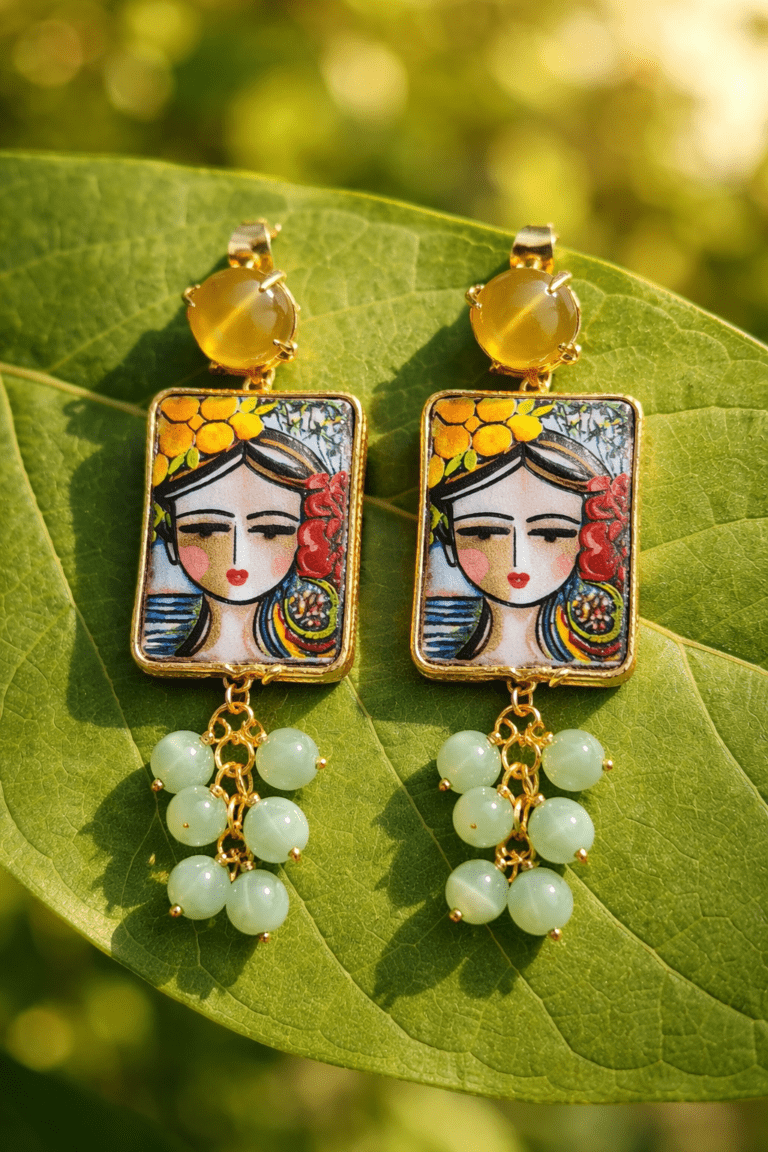 Pendientes de rostro siciliano con corona de limones pintados a mano