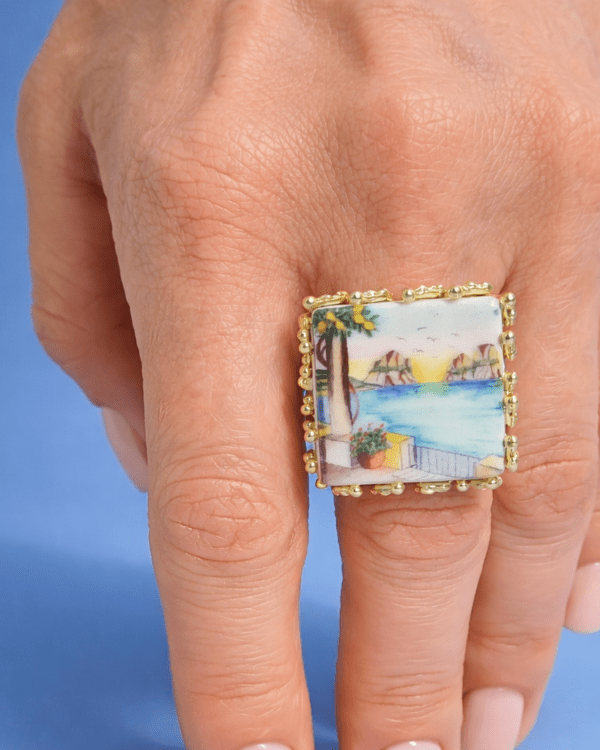 Anillo cuadrado paisaje siciliano haydee joyeria artesanal