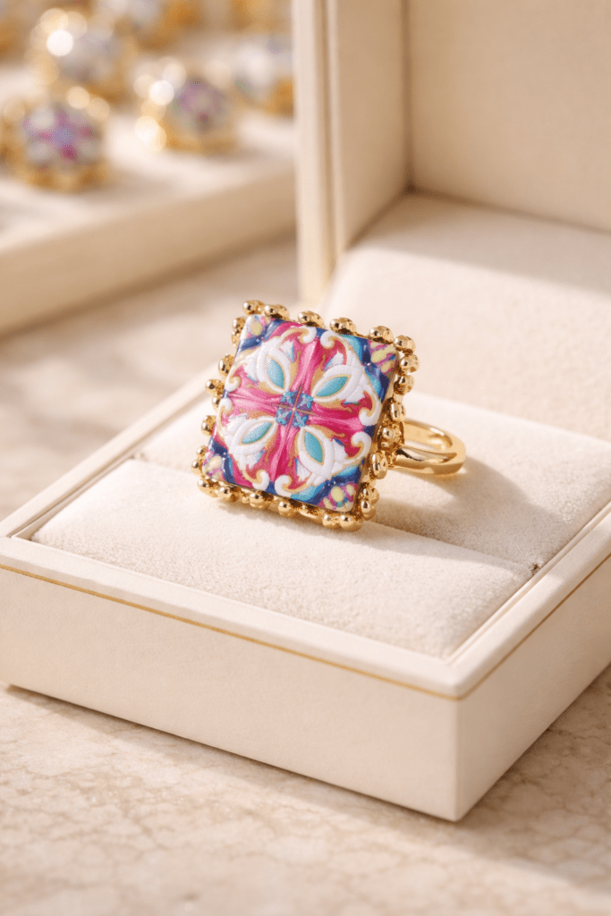 Anillo Croce con roseta siciliana esmaltada